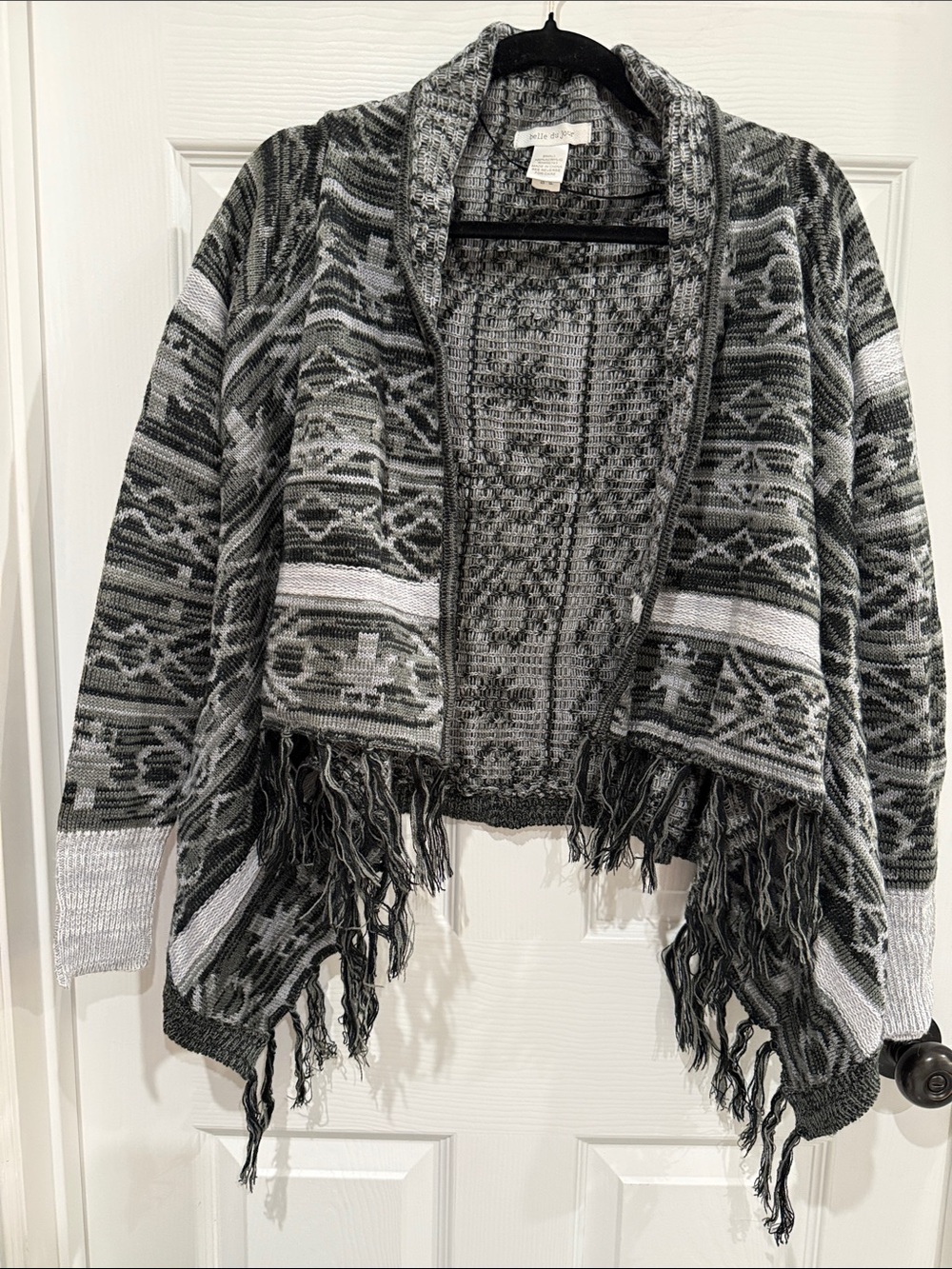 Boho Gray & Black Open-Front Knit Poncho Cardigan with Fringe